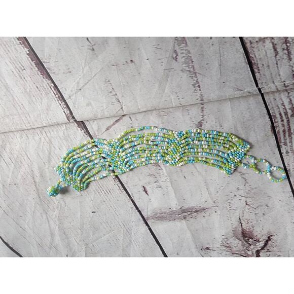 Seed Bead Multi Strand Bracelet Lime Green Blue White - Picture 2 of 4
